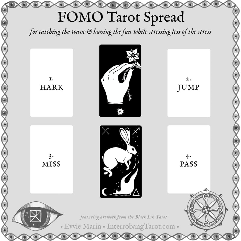 FOMO Tarot Spread diagram with artwork from the Black Ink Tarot