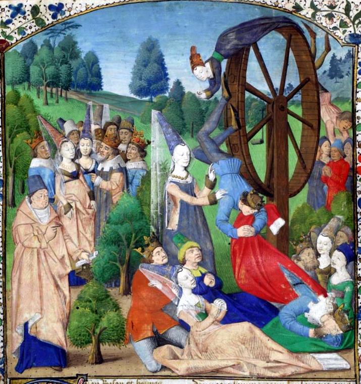 A late medieval, early Renaissance illustration of Fortune and Her Wheel.